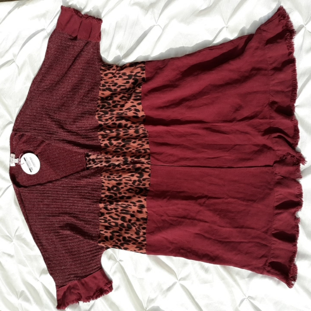 UMGEE S/M Animal Print Linen Blend Raw Hem Bell Sleeve Open Front Cardigan